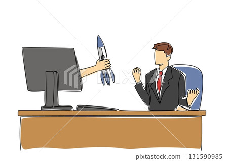 Single continuous line drawing hands out of the monitor screen while holding a rocket. Golden opportunity to move to the dream startup. Career. Things from Screen. One line design vector illustration 131590985