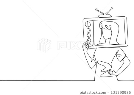 Continuous one line drawing a woman in casual clothes holding an old television made of cardboard. Look like a model on television. Inside Television. Single line draw design vector illustration 131590986