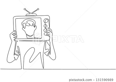 Single one line drawing a man in casual clothes holding an old television made of cardboard. Acting funny to entertain. Old technology. Inside Television. Continuous line design graphic illustration Single one line drawing a man in casual clothes holding an old television made of cardboard. Acting funny to entertain. Old technology. Inside Television. Continuous line design graphic illustration 131590989