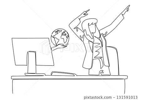 Single continuous line drawing hands out of monitor screen while holding globe. Rejoice in the new business network that is being established. Things from Screen. One line design vector illustration 131591013