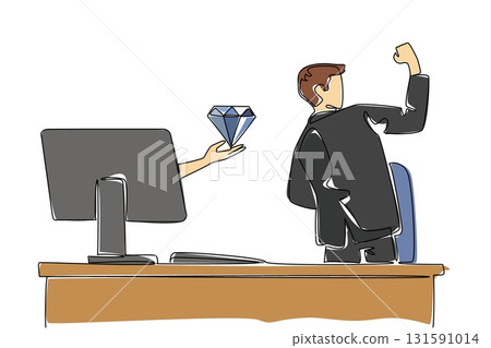 Continuous one line drawing hands out of the monitor screen while holding diamond. The joy of finding a new mine point full of diamonds. Things from Screen. Single line draw design vector illustration 131591014