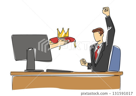 Single one line drawing hands out of the monitor screen while holding crown. Sign of success. Most prestigious award in business world. Things from Screen. Continuous line design graphic illustration Single one line drawing hands out of the monitor screen while holding crown. Sign of success. Most prestigious award in business world. Things from Screen. Continuous line design graphic illustration 131591017