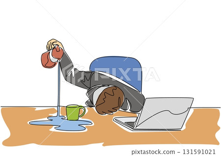 Single one line drawing businessman holding pitcher of coffee and pouring its contents into the side of the glass. Sleepy. Unable to focus. Weary. Tired. Continuous line design graphic illustration 131591021