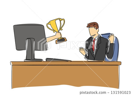 Single one line drawing hands out of the monitor screen while holding trophy. Award winner from business magazine. Innovative. Creative. Things from Screen. Continuous line design graphic illustration 131591023