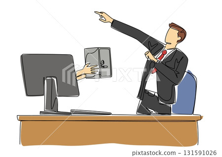 Single continuous line drawing hands out of the monitor screen while holding a safe deposit box. Get antique storage as a safe storage media. Things from Screen. One line design vector illustration 131591026