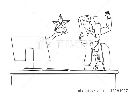 Single continuous line drawing hands out of the monitor screen while holding a star shape. Public satisfaction is the joy of the expert. Rating. Things from Screen. One line design vector illustration 131591027