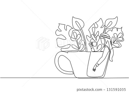 Single one line drawing man wearing turban holding a cup while soaking and leaning on the cup. Take a moment to pamper itself. Leisure. Soaking Inside Cup. Continuous line design graphic illustration 131591035