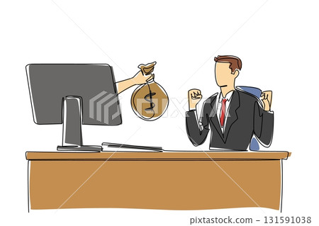 Single continuous line drawing hands out of the monitor screen while holding a money bag. An active businessman with big profits. Smart worker. Things from Screen. One line design vector illustration 131591038