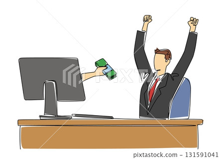 Single one line drawing hands out of the monitor screen while holding stack of banknotes. Lots of bonuses from smart work. Recognition. Things from Screen. Continuous line design graphic illustration 131591041