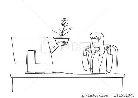 Continuous one line drawing hands out of monitor screen while holds money tree with dollar coin fruit. Symbolism of growing investment. Things from Screen. Single line draw design vector illustration Continuous one line drawing hands out of monitor screen while holds money tree with dollar coin fruit. Symbolism of growing investment. Things from Screen. Single line draw design vector illustration 131591043