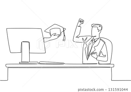 Single continuous line drawing hands out of the monitor screen while holding a graduation cap. Doing business does not forget education. Smart. Things from Screen. One line design vector illustration Single continuous line drawing hands out of the monitor screen while holding a graduation cap. Doing business does not forget education. Smart. Things from Screen. One line design vector illustration 131591044