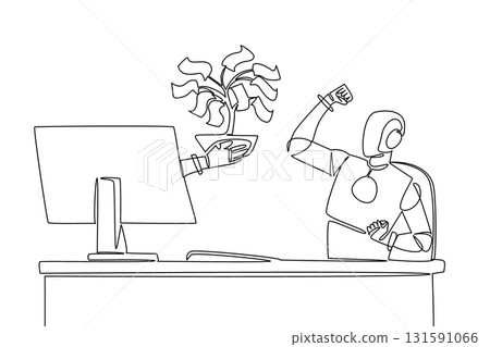 Continuous one line drawing hand of robot out of monitor screen while hold money tree with leaves made of banknotes. Branching benefits. Things from Screen. Single line draw design vector illustration Continuous one line drawing hand of robot out of monitor screen while hold money tree with leaves made of banknotes. Branching benefits. Things from Screen. Single line draw design vector illustration 131591066