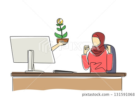 Single continuous line drawing hands out of the monitor screen while holding a money tree with dollar coin fruit. Investing patience pays off. Things from Screen. One line design vector illustration Single continuous line drawing hands out of the monitor screen while holding a money tree with dollar coin fruit. Investing patience pays off. Things from Screen. One line design vector illustration 131591068