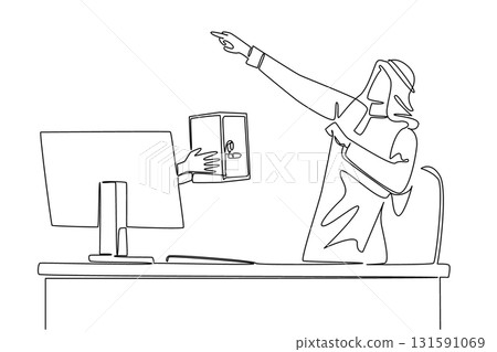 Single continuous line drawing hands out of the monitor screen while holding a safe deposit box. Happiness to secure data. Safe. Anti theft. Things from Screen. One line design vector illustration 131591069