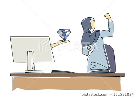 Single one line drawing hands out of the monitor screen while holding a diamond. A luxurious surprise resulting from hard work. Happy. Things from Screen. Continuous line design graphic illustration 131591084