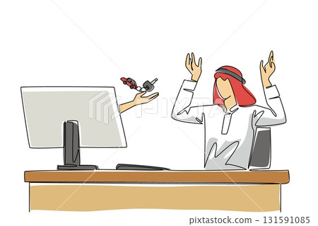 Continuous one line drawing hands out of the monitor screen while holding a car key with a car shaped keychain. The dream car. Success. Things from Screen. Single line draw design vector illustration 131591085