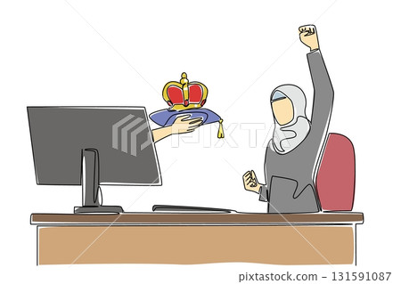 Continuous one line drawing hands out of the monitor screen while holding a crown. Sole successor to the position of the company. Owner. Things from Screen. Single line draw design vector illustration Continuous one line drawing hands out of the monitor screen while holding a crown. Sole successor to the position of the company. Owner. Things from Screen. Single line draw design vector illustration 131591087