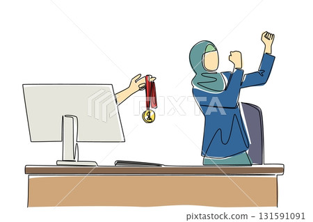 Single continuous line drawing hands out of the monitor screen while holding medal. Always at the forefront of business innovation. Recognition. Things from Screen. One line design vector illustration Single continuous line drawing hands out of the monitor screen while holding medal. Always at the forefront of business innovation. Recognition. Things from Screen. One line design vector illustration 131591091