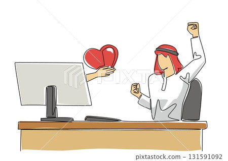 Single continuous line drawing hands out of the monitor screen while holding a love. Joy of heart with love. Warm support full of love. Caring. Things from Screen. One line design vector illustration 131591092