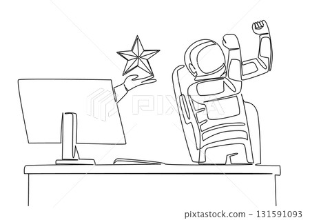 Continuous one line drawing hand of astronaut out of monitor screen while holding a star shape. Astronauts who shine like stars. Rate. Things from Screen. Single line draw design vector illustration 131591093