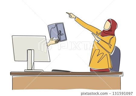 Continuous one line drawing hands out of the monitor screen while holding a safe deposit box. Only success is worthy of receiving. Lock. Things from Screen. Single line draw design vector illustration 131591097