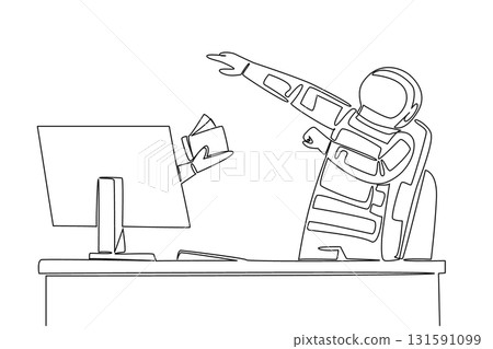 Single one line drawing hand of astronaut out of monitor screen while holding a wallet with some money coming out. Promised bonus. Cash. Things from Screen. Continuous line design graphic illustration Single one line drawing hand of astronaut out of monitor screen while holding a wallet with some money coming out. Promised bonus. Cash. Things from Screen. Continuous line design graphic illustration 131591099