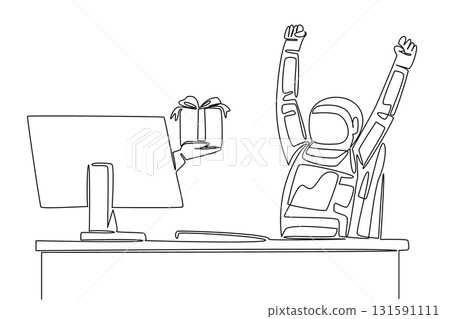 Single continuous line drawing hand of astronaut out of monitor screen while holds gift box. Prepare an impressive gift when returning to earth. Things from Screen. One line design vector illustration 131591111