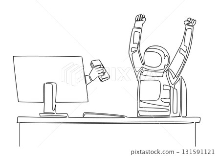 Single one line drawing hand of astronaut out of the monitor screen while holding a stack of banknotes. Potential to achieve success. Things from Screen. Continuous line design graphic illustration 131591121