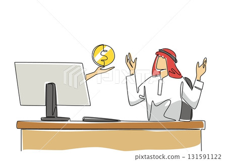 Single one line drawing hands out of monitor screen holding a penny. The offer releases the plummeting stock price. Will be bought up. Things from Screen. Continuous line design graphic illustration Single one line drawing hands out of monitor screen holding a penny. The offer releases the plummeting stock price. Will be bought up. Things from Screen. Continuous line design graphic illustration 131591122