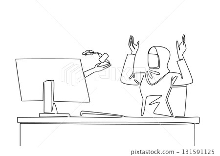 Single continuous line drawing hands out of monitor screen while holding car key with a car shaped keychain. The smart worker who reaps rewards. Things from Screen. One line design vector illustration 131591125