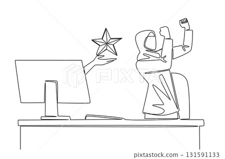 Single one line drawing hands out of monitor screen while holding a star shape. Best rating is a good thing. The first step to success. Things from Screen. Continuous line design graphic illustration Single one line drawing hands out of monitor screen while holding a star shape. Best rating is a good thing. The first step to success. Things from Screen. Continuous line design graphic illustration 131591133