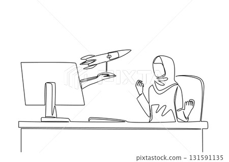 Continuous one line drawing hands out of the monitor screen while holding a  rocket. The hard worker who perseveres until she succeeds. Things from Screen. Single line draw design vector illustration 131591135