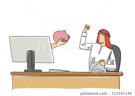 Single continuous line drawing hands out of the monitor screen while holding piggy bank. Prepare a budget to increase investment value. Savings. Things from Screen. One line design vector illustration 131591140