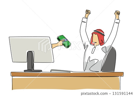 Continuous one line drawing hands coming out of monitor screen holding a stack of banknotes. Receive bonus for outstanding performance. Things from Screen. Single line draw design vector illustration Continuous one line drawing hands coming out of monitor screen holding a stack of banknotes. Receive bonus for outstanding performance. Things from Screen. Single line draw design vector illustration 131591144