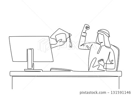 Single continuous line drawing hands out of monitor screen while holding a graduation cap. Pursuing the highest education while doing business. Things from Screen. One line design vector illustration Single continuous line drawing hands out of monitor screen while holding a graduation cap. Pursuing the highest education while doing business. Things from Screen. One line design vector illustration 131591146