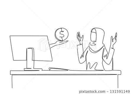Single continuous line drawing hands out of the monitor screen while holding a penny. Little capital to be made maximum profit. Symbolization. Things from Screen. One line design vector illustration Single continuous line drawing hands out of the monitor screen while holding a penny. Little capital to be made maximum profit. Symbolization. Things from Screen. One line design vector illustration 131591149