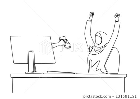 Single one line drawing hands out of the monitor screen while holding a stack of banknotes. Fast return on investment. Focus on profit. Things from Screen. Continuous line design graphic illustration 131591151