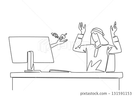 Continuous one line drawing hands out of the monitor screen while holding a car key with a car shaped keychain. The dream car. Success. Things from Screen. Single line draw design vector illustration 131591153