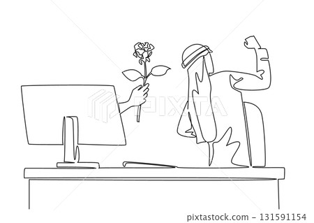 Single one line drawing hands out of the monitor screen while holding a rose flower. Happy to get the expected symbol of love. Romance. Things from Screen. Continuous line design graphic illustration Single one line drawing hands out of the monitor screen while holding a rose flower. Happy to get the expected symbol of love. Romance. Things from Screen. Continuous line design graphic illustration 131591154