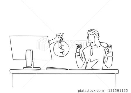 Single one line drawing hands out of the monitor screen while holding a money bag. Big bonus from the Board of Directors. Enthusiastic. Things from Screen. Continuous line design graphic illustration Single one line drawing hands out of the monitor screen while holding a money bag. Big bonus from the Board of Directors. Enthusiastic. Things from Screen. Continuous line design graphic illustration 131591155