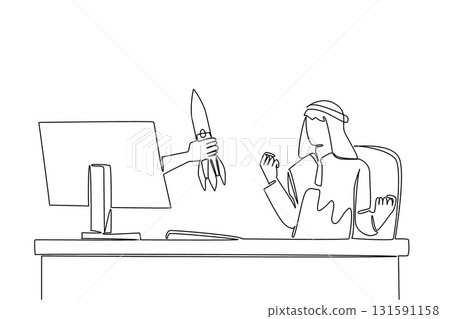 Single continuous line drawing hands out of the monitor screen while holding rocket. Full investment for the launch of new innovations startup. Things from Screen. One line design vector illustration 131591158