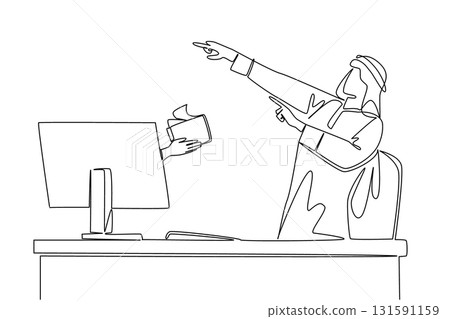 Continuous one line drawing hands out of monitor screen while holding a wallet with some money coming out. Investing to develop business.Things from Screen. Single line draw design vector illustration 131591159
