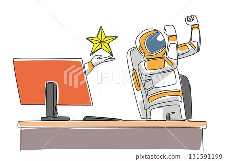 Continuous one line drawing hand of astronaut out of monitor screen while holding a star shape. Astronauts who shine like stars. Rate. Things from Screen. Single line draw design vector illustration 131591199