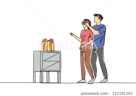 Single one line drawing man stands behind woman covering the eyes of a woman with both of his hands. Leading to happiness. The harmonious couple. Surprise. Continuous line design graphic illustration Single one line drawing man stands behind woman covering the eyes of a woman with both of his hands. Leading to happiness. The harmonious couple. Surprise. Continuous line design graphic illustration 131591201