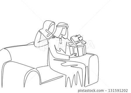 Single one line drawing an arab man sitting on the sofa while opening a gift box. Exchanging gifts fosters feelings of affection. Role model. Surprise. Continuous line design graphic illustration 131591202