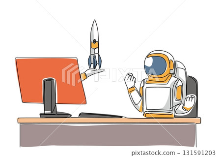 Single one line drawing hand of astronaut out of monitor screen while holding a rocket. Expedition rocket successfully refurbished. Things from Screen. Continuous line design graphic illustration 131591203