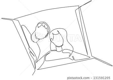 Single continuous line drawing a man and a woman open a cardboard box. Unwrapping surprises together. Pleasant surprises in memory. Couple in romance. Surprise. One line design vector illustration Single continuous line drawing a man and a woman open a cardboard box. Unwrapping surprises together. Pleasant surprises in memory. Couple in romance. Surprise. One line design vector illustration 131591205