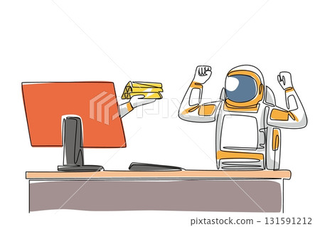 Single continuous line drawing hand of astronaut out of monitor screen while holding a gold stack. Finding gold during a space expedition. Things from Screen. One line design vector illustration Single continuous line drawing hand of astronaut out of monitor screen while holding a gold stack. Finding gold during a space expedition. Things from Screen. One line design vector illustration 131591212