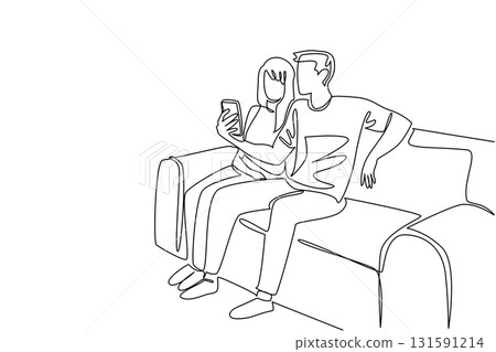 Continuous one line drawing man and woman sitting on sofa looking at smartphone. Feeling enthusiastic. Quality time even with simple activities. Surprise. Single line draw design vector illustration Continuous one line drawing man and woman sitting on sofa looking at smartphone. Feeling enthusiastic. Quality time even with simple activities. Surprise. Single line draw design vector illustration 131591214
