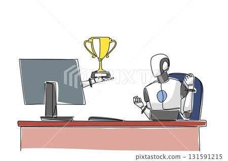 Continuous one line drawing hand of robot out from monitor screen while holding trophy. Highly prestigious award for robot intelligence. Things from Screen. Single line draw design vector illustration 131591215